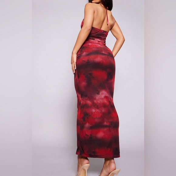 Dark Red Printed Mesh Cut Out Halter Neck Midaxi Dress - Picture 2 of 2